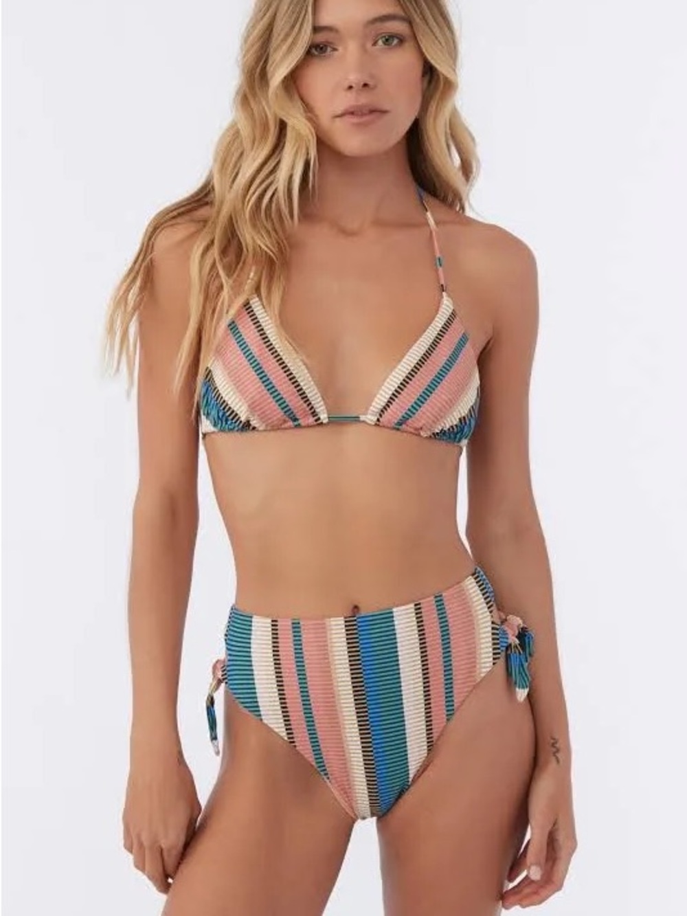 NWT O'Neill Pink Blue Striped Crochet Bikini Set